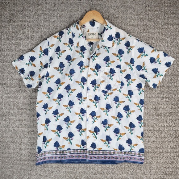 KARDO Mens Floral Print Short Sleeve Button Up Shirt Size Large Hand Made - Picture 1 of 11